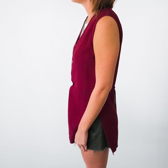 Vintage Maroon Tie Back Button Up Textured Top - M - Picture 2 of 6